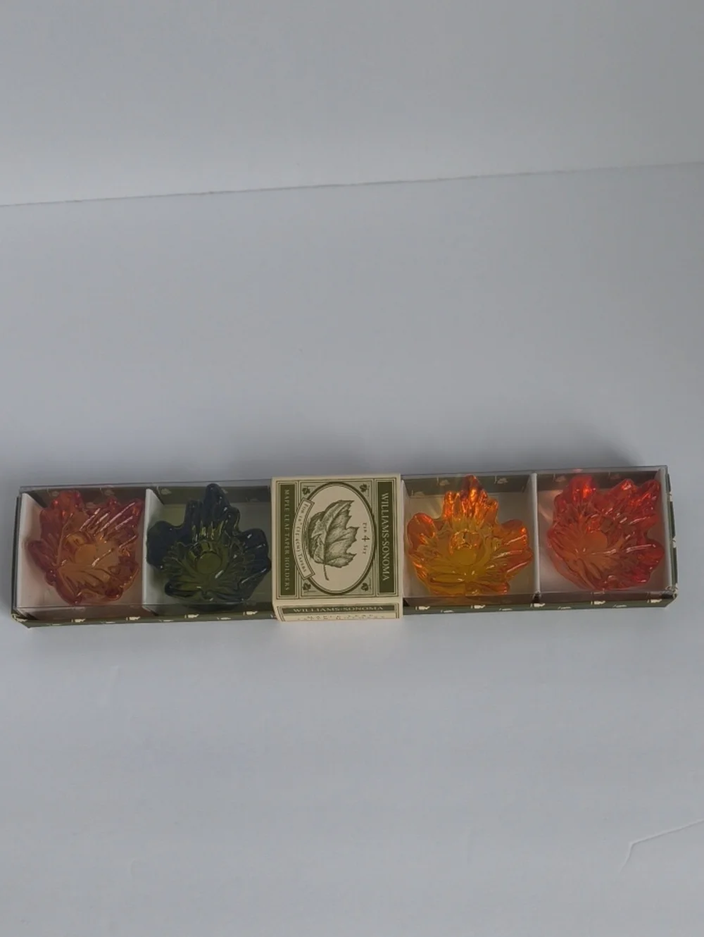 Williams Sonoma Maple Leaf Candle Taper Holders Glass Set of 4 NIB Thanksgiving